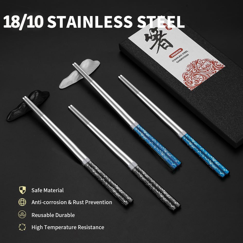 Stainless Steel Chopsticks With Case - Titanium Plated, Reusable, Non-slip, Engraved, Dishwasher Safe - 5 Pairs Set (BJ-Black05)