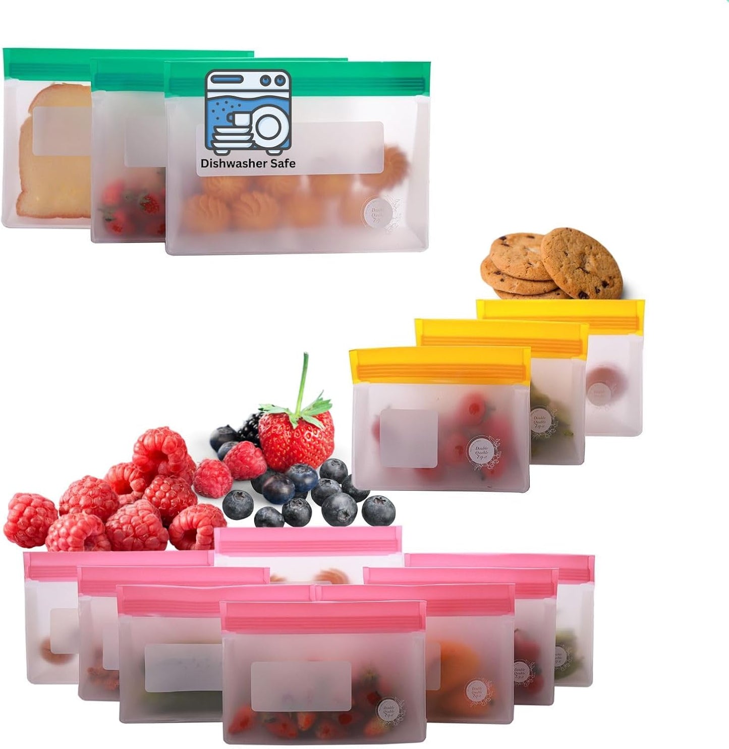 Reusable Silicone Food Storage Bags – 14-Pack Stand-Up, BPA-Free, Freezer, Dishwasher Safe & Eco-Friendly – 3 L, 8 M, 3 S Bags – Airtight Leakproof, Sandwich, Snack, and Meal Prep Baggies (Multicolor)