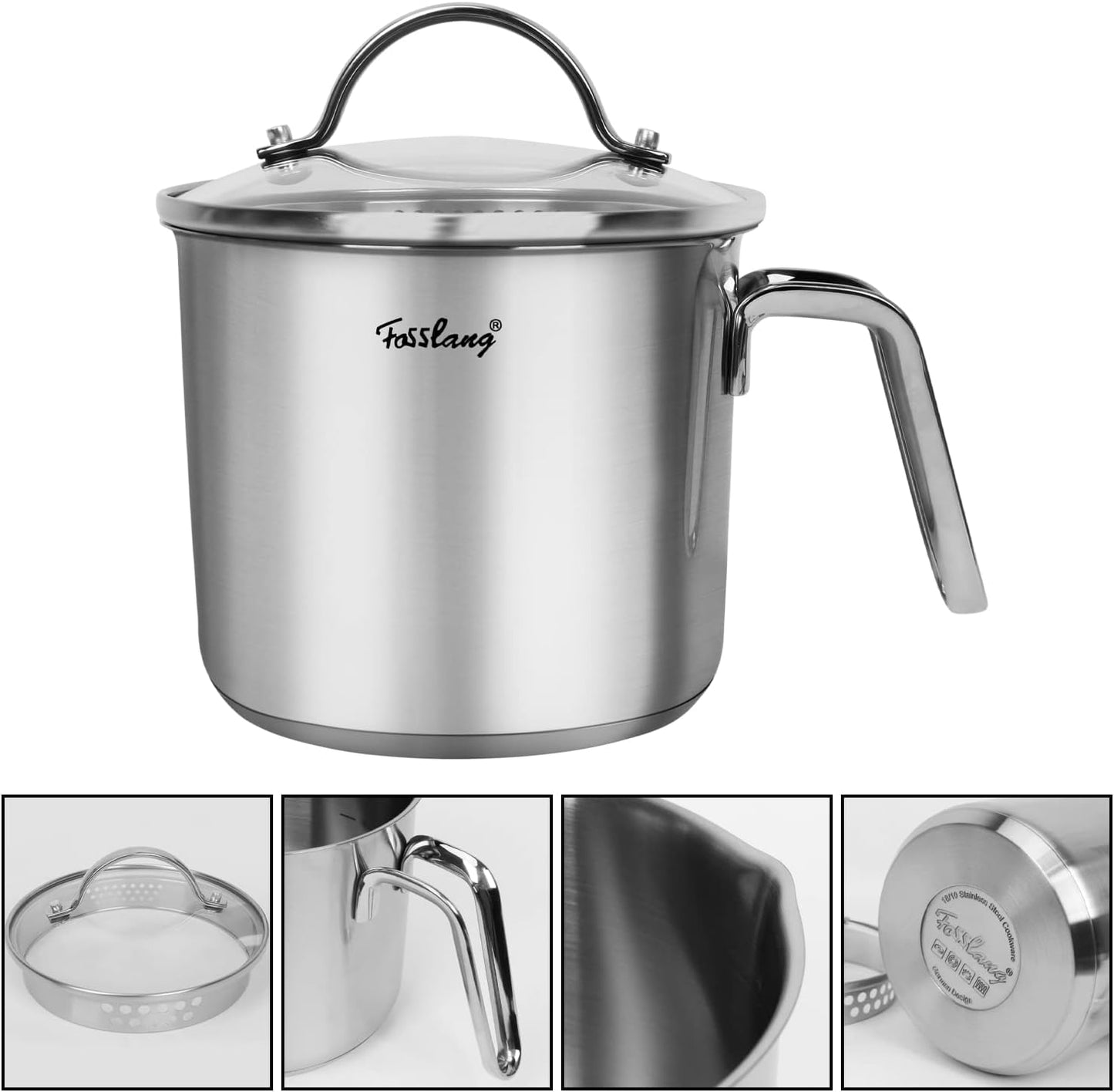 1.5 Quart Stainless Steel Saucepan with Pour Spout, Saucepan with Glass Lid, 6 cups Burner Pot with Spout - for Boiling Milk, Sauce, Gravies, Noodles