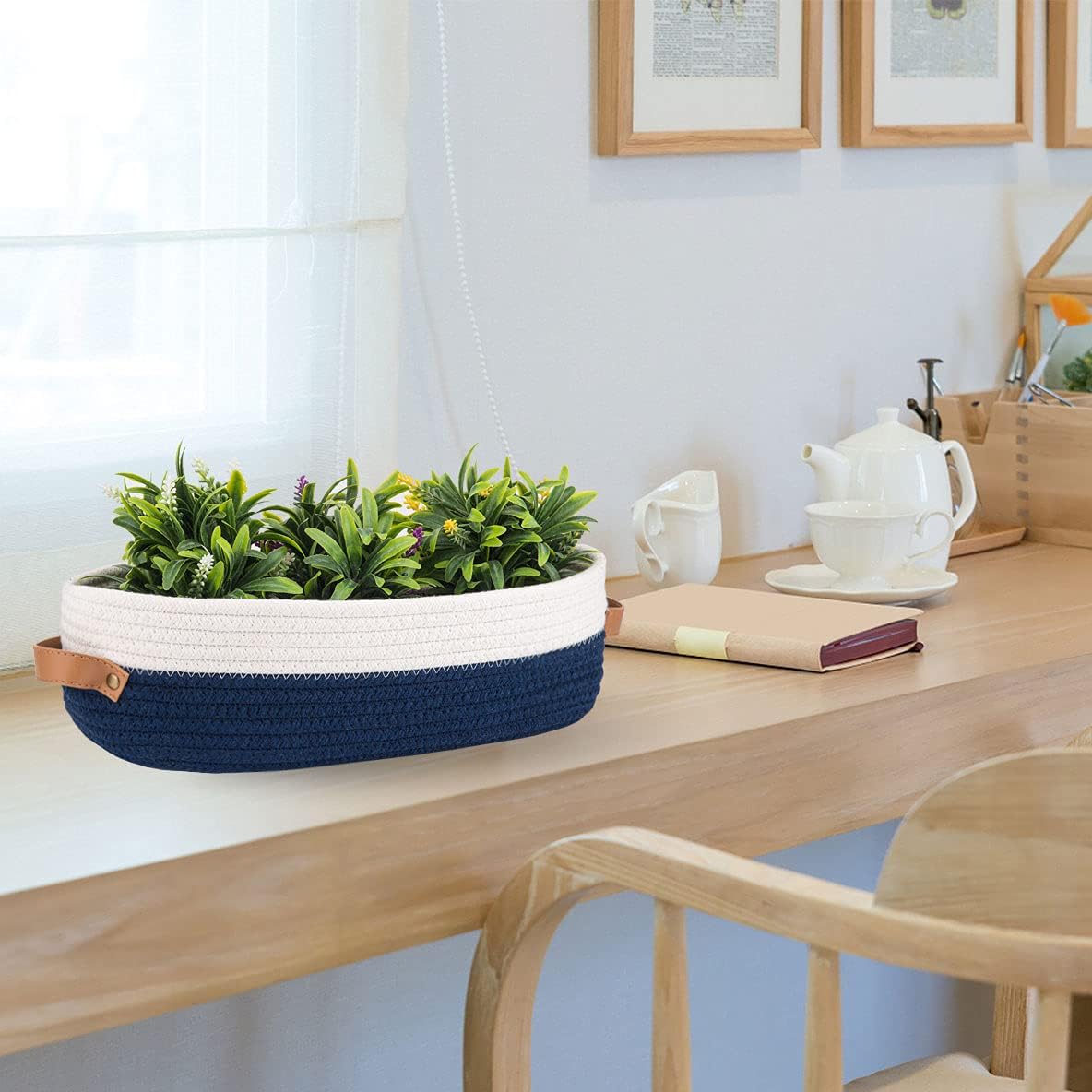 Set of 2 Toilet Basket,Woven Storage Basket for Toilet Tank Top Farmhouse Home Decor Organizing Baskets 13"x5.9"x4" Navy Stitching White