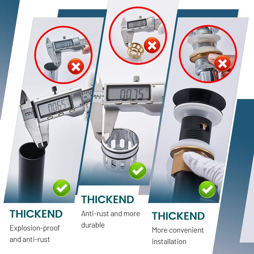 Vessel Sink Drain, Bathroom Faucet Vessel Sink Pop Up Drain Stopper, Built-in Anti-Clogging Strainer, with Overflow Matt Black, Fits Standard American Drain Hole(1-1/2" to 1-3/4") RWF083P