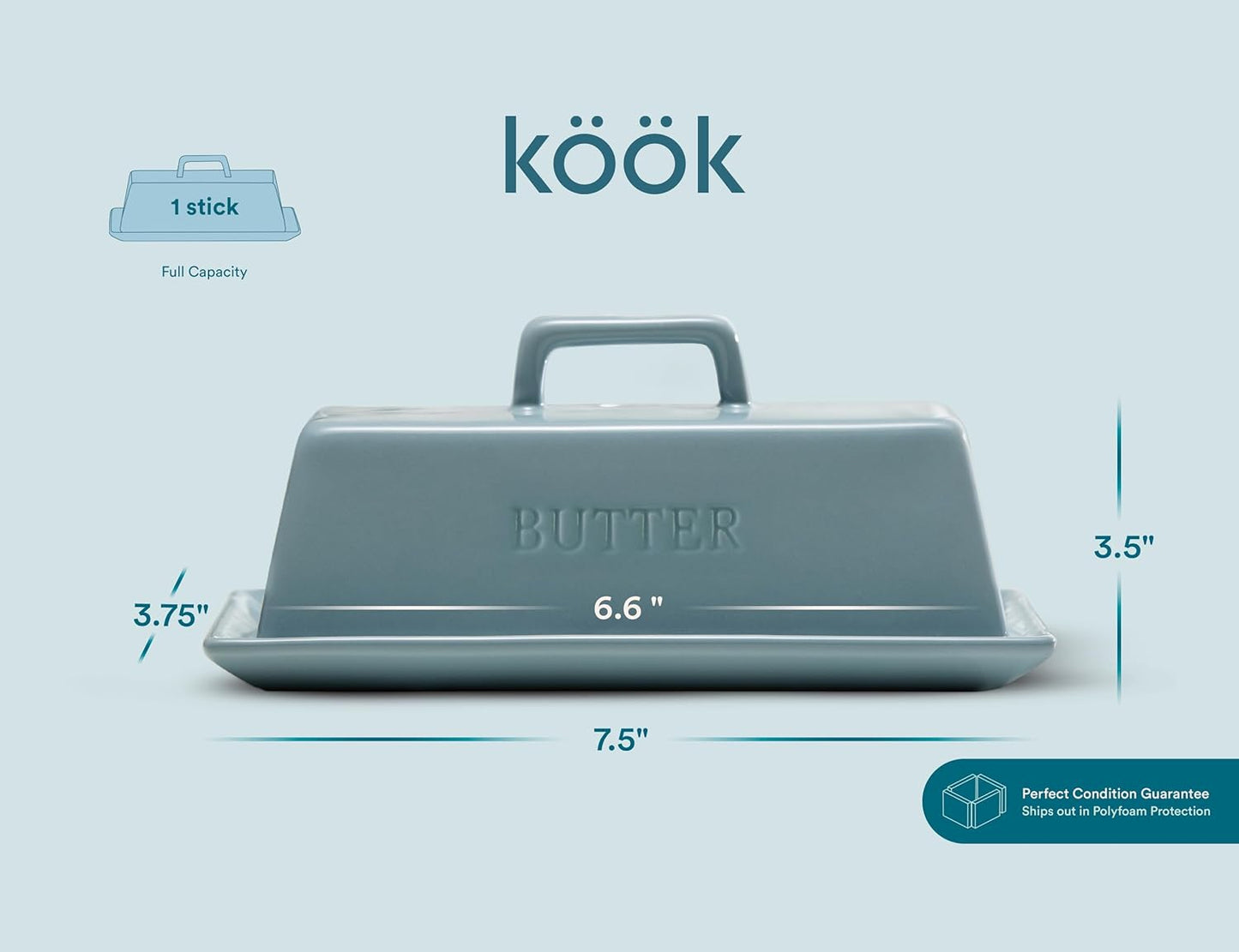 Kook Ceramic Butter Dish with Lid, Kitchen Countertop Butter Keeper, Serving Tray with Cover, Storage Container, Holds 1 Stick, Microwave and Dishwasher Safe, Casper Blue