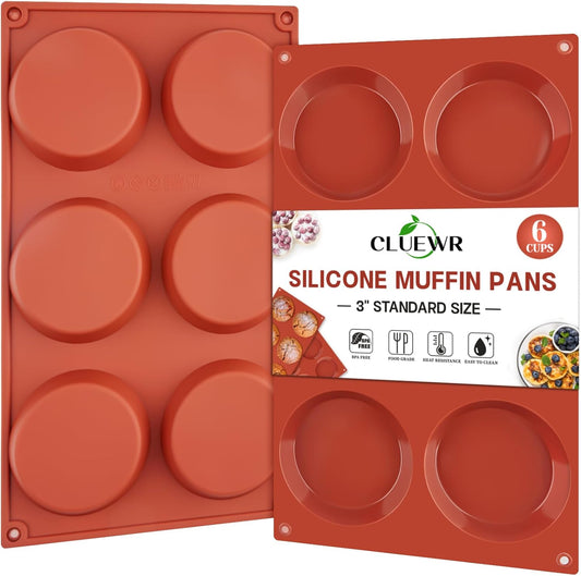 Silicone Muffin Top Pans, 3 Inches Non-Stick Egg Molds for Breakfast Sandwiches Round Molds for Baking Egg Bites, English Muffins, Tarts, Whoopie Pies, 2 Pack, 6 Cavity