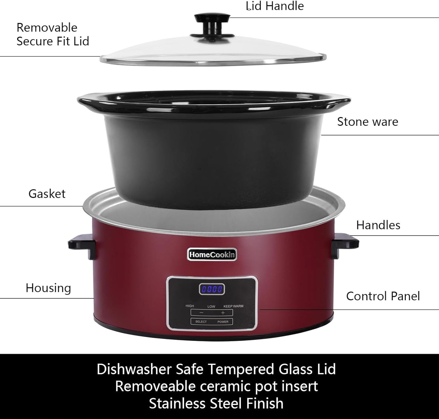 HOMECOOKIN 7 Quart Programmable Slow Cooker, Kitchen Appliances, Perfect Kitchen Small Appliance for Family Dinners, Red Stainless Steel