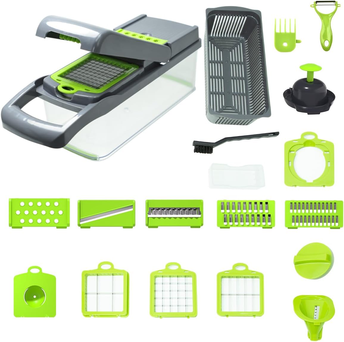 Vegetable Chopper Kit, Stainless Steel Blades, with Veggie Pusher, Grating & Pattern Cutting Blades, Catch Basin & Wash Basket, Safety Lock, Dishwasher Safe Kitchen Gadget