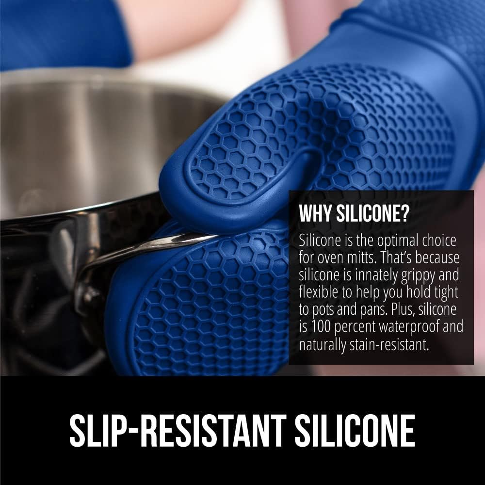 GORILLA GRIP BPA-Free Soft Silicone Oven Mitts, Heat Resistant and Waterproof Cooking Gloves, Thick Cotton Lining, Flexible Gripping for Baking Grilling, Kitchen Potholders Set of 2, 12.5x8.3, Blue