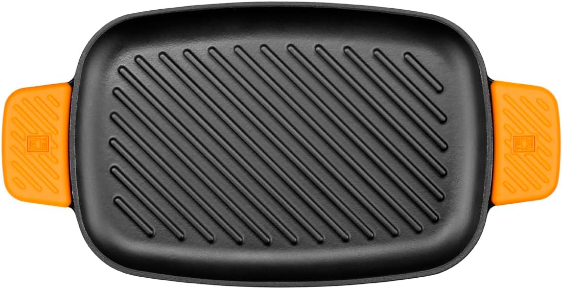 BRA COOKWARE Efficient Iron Rectangular Ribbed Grill | 13 inches x 8.7 inches Cast Iron Rectangular Griddle | All Heat Sources Compatible | PFOA Free | W/o Non-Stick | Silicon Handle | Non Deformable