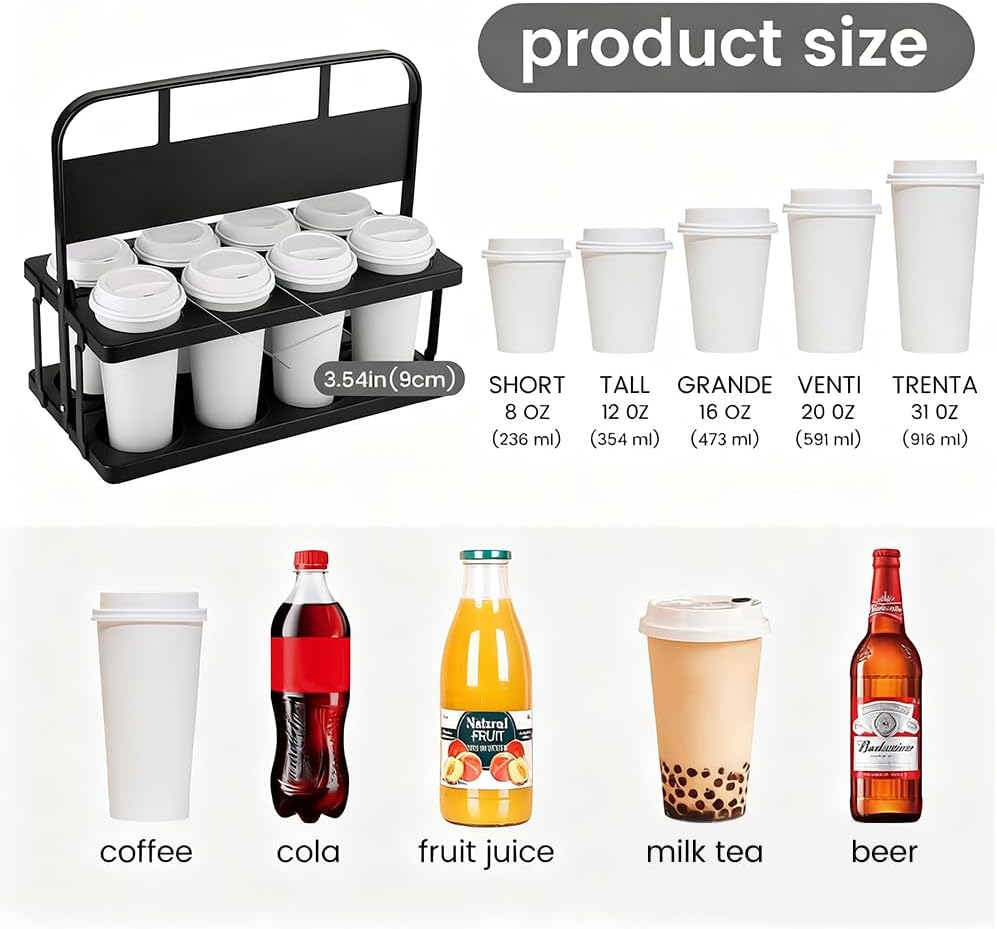 Reusable Drink Carrier with Handle for Doordash, Eats, Grubhub, Portable 8 Cup/Coffee Holder Accessories for Delivery, Foldable Drinks Caddy with Tray, Car Durable Plastic Festive Bottle, Vacation