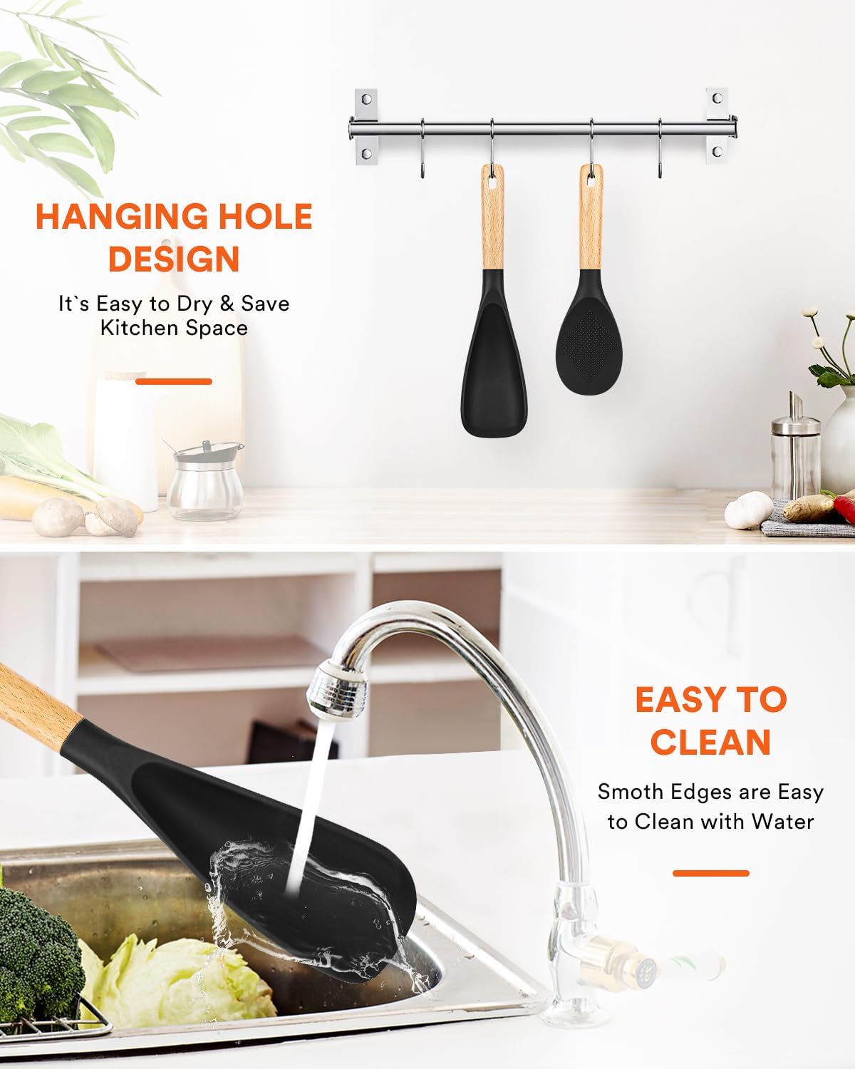 Cooking Spoon and Rice Scooper for Nonstick Cookwares, Great for Cooking and Serving Sturdy BPA-Free Matte Silicone, Wood Handle Spoon for Mixing, Scoop, and Scrape (Black)