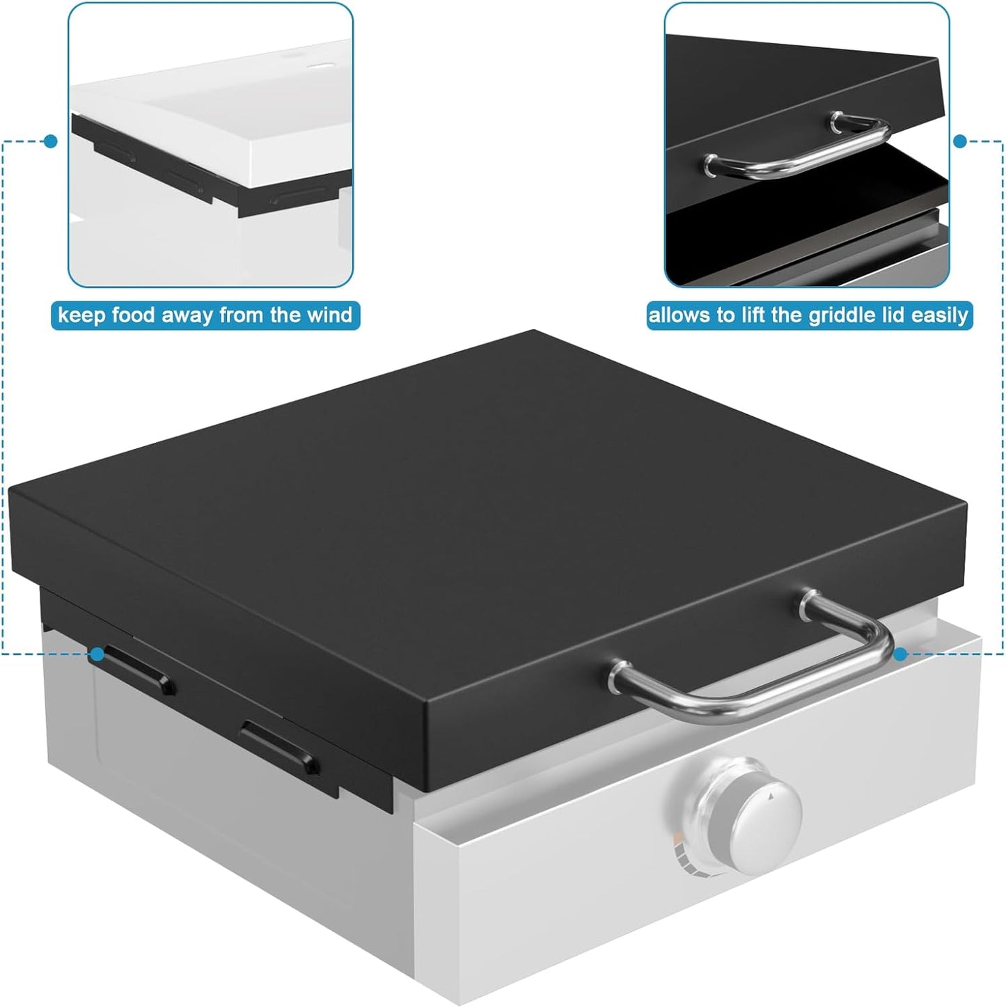 5010 Hard Cover Top Lid with Stainless Steel Handles and Wind Guard for Blackstone 17”Table Top Grill, Flat Top Griddle Accessories for Black Stone, Black