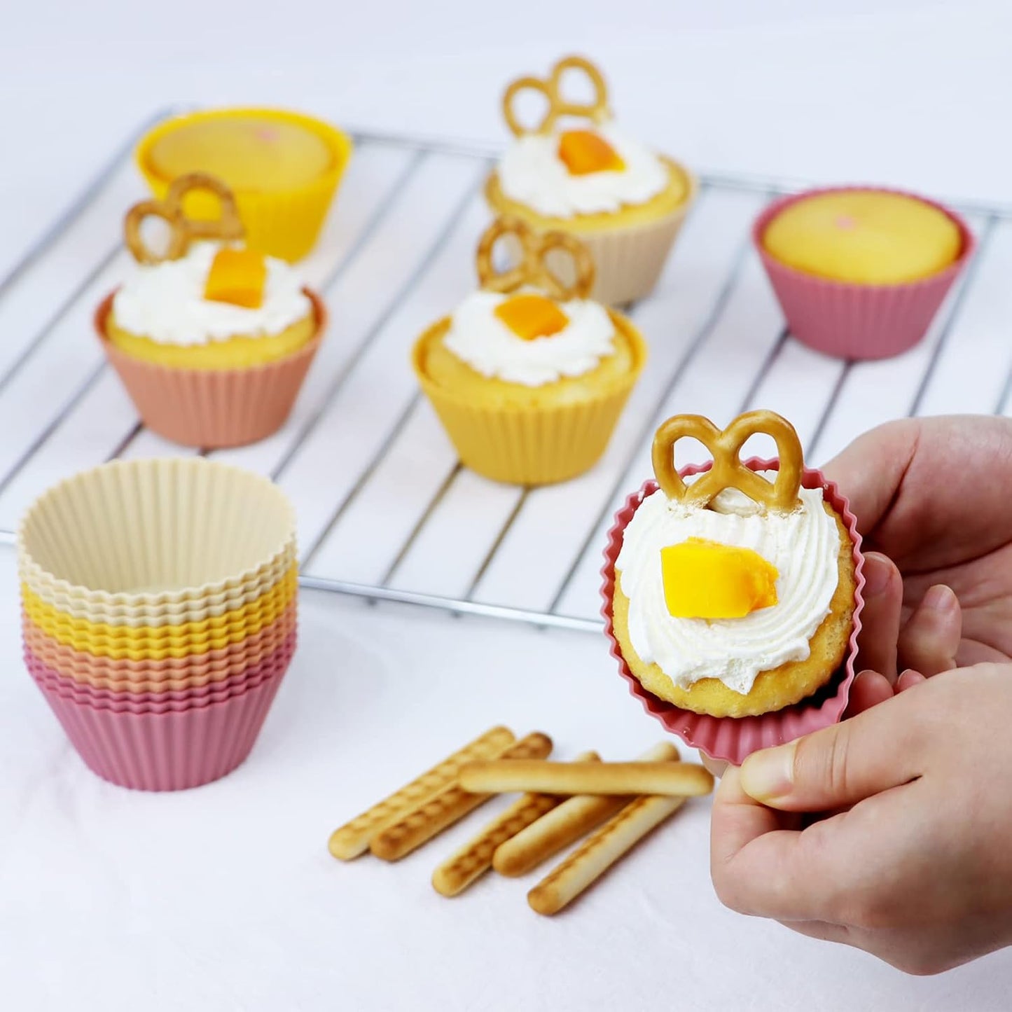 Silicone Baking Muffin Cups 12 Pack, Reusable Cupcake Liners Cake Molds, BPA Free, Dishwasher Safe (Orange Series, Standard)