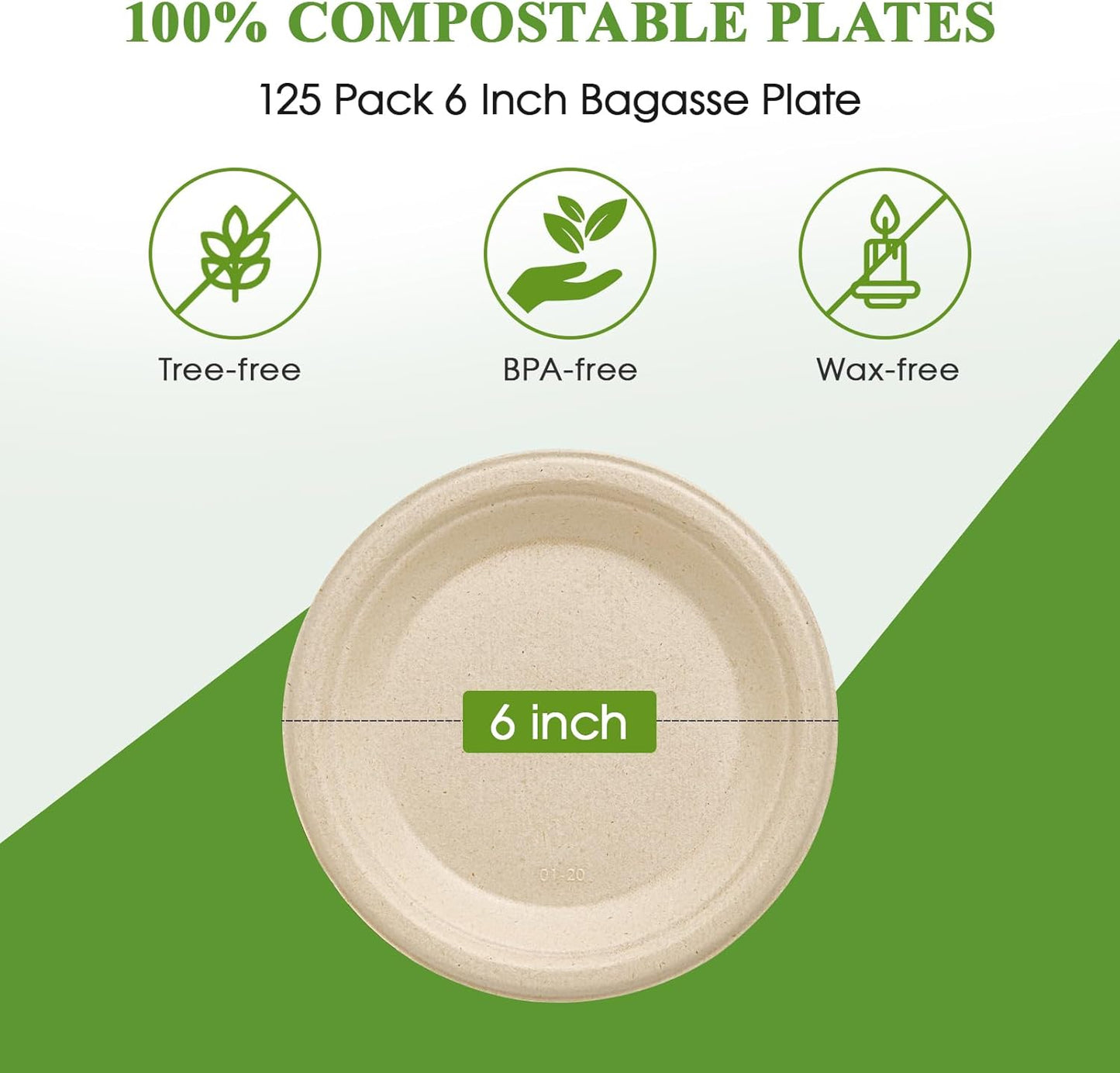 Vplus 125 Pack 6 inch Paper Plates 100% Compostable, Heavy-Duty Disposable Paper Plates Bagasse Natural Biodegradable Eco-Friendly Sugarcane(Nature)