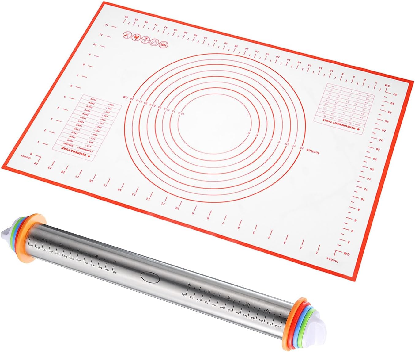 HARFINGTON 2pcs Rolling Pin 16.9 Inch x 1.69 Inch Non-Stick with Silicone Baking Pastry Mat Adjustable Guide Rings Roller Dough Roller Kitchen Decorating Tools for Cookie Pastry Pizza Clay