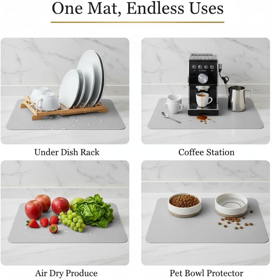 Dish Drying Mat Super Absorbent – 17" x 31" Coffee Mat for Countertops – Non-Slip Drying Mat for Kitchen Counter – Easy to Clean Water Absorbent Mat – XLarge Dish Drying Mats (Lite Gray)
