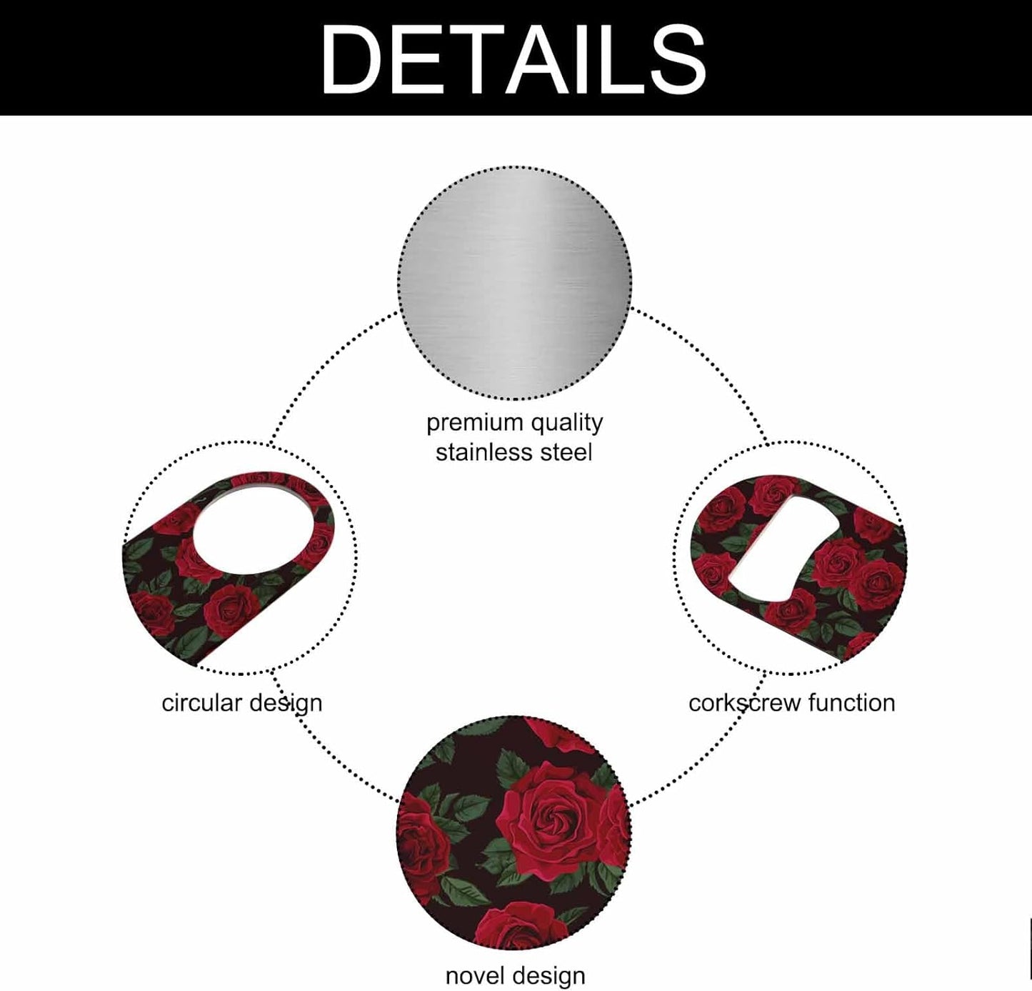 Red Rose Stainless Steel Bottle Opener Flower Art Romantic Floral Petal Blossom Green Leaf Valentine Mother's Day Flat Beer Bottle Opener Keychain for Home Kitchen Bar Restaurant Party Gift