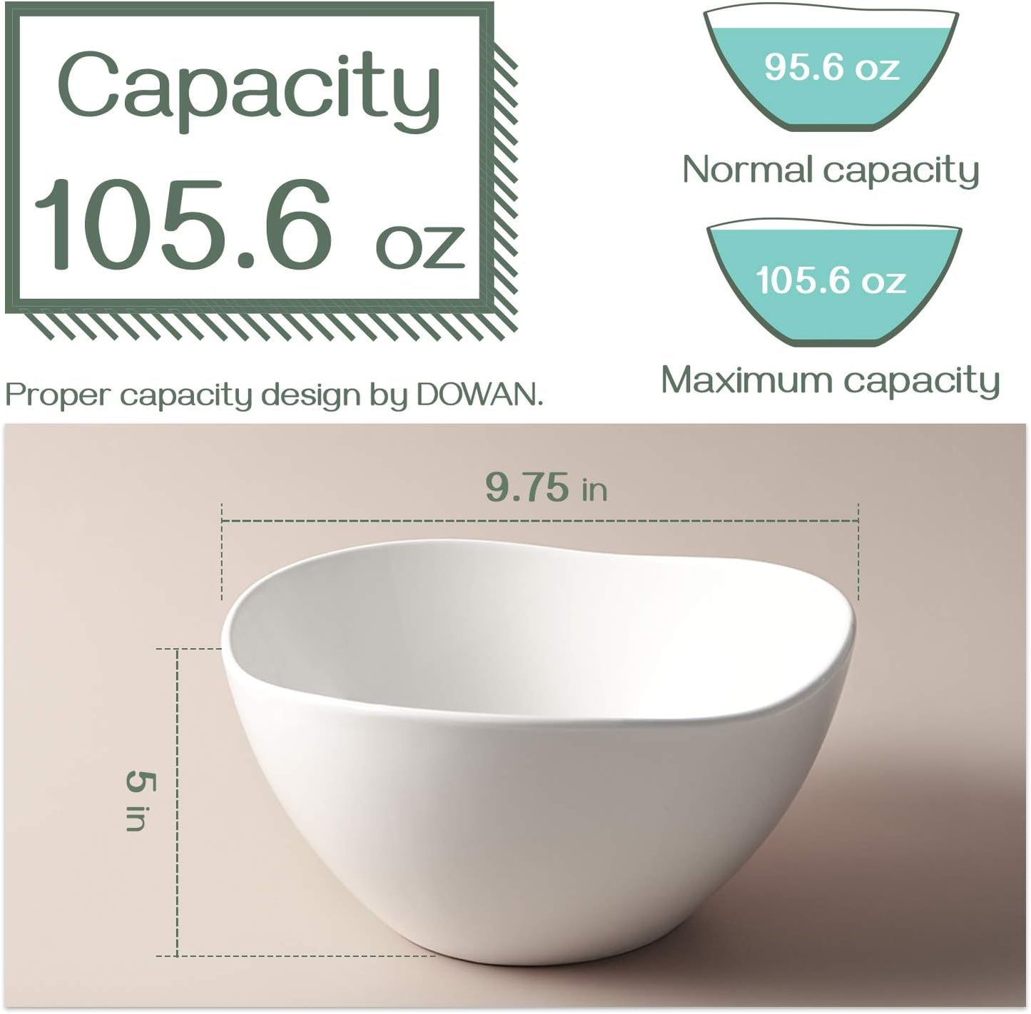 DOWAN Large Mixing Bowls, Ceramic Serving Bowls, 3.2 Quart Deep Salad Bowls, 105 Oz White Fruit Bowls for Modern Home, Set of 2