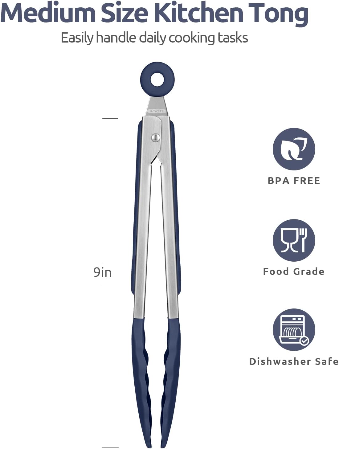 Heat Resistant Silicone Kitchen Tong: U-Taste 9 inch 480ºF Hot Proof Cooking Tong with Firm Sealed Non Stick Rubber Tips & Silicon Coated Steel Handle & Smooth Locking for Serving Grill(Midnight Blue)