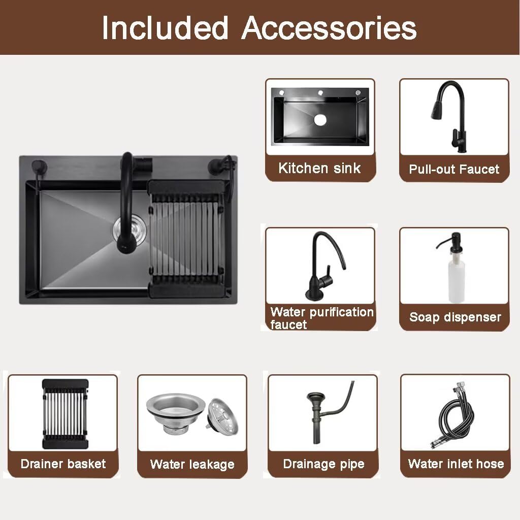 Black Drop in Kitchen Sink, Stainless Steel Single Bowl Sink with 3 Holes, Topmount Workstation Sink, Farmhouse Rectangle Basin with Multiple Accessories (25.6 * 17.7 * 7.9in)