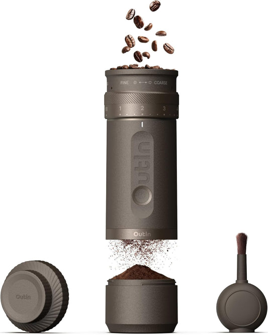 OutIn Fino Portable Electric Coffee Grinder,Adjustable Coffee Bean Grinder with 28 Precise Grind Setting,One-Button Burr Coffee Grinder with Fast‑Charge Battery, Auto‑Stop & Clog‑Protection