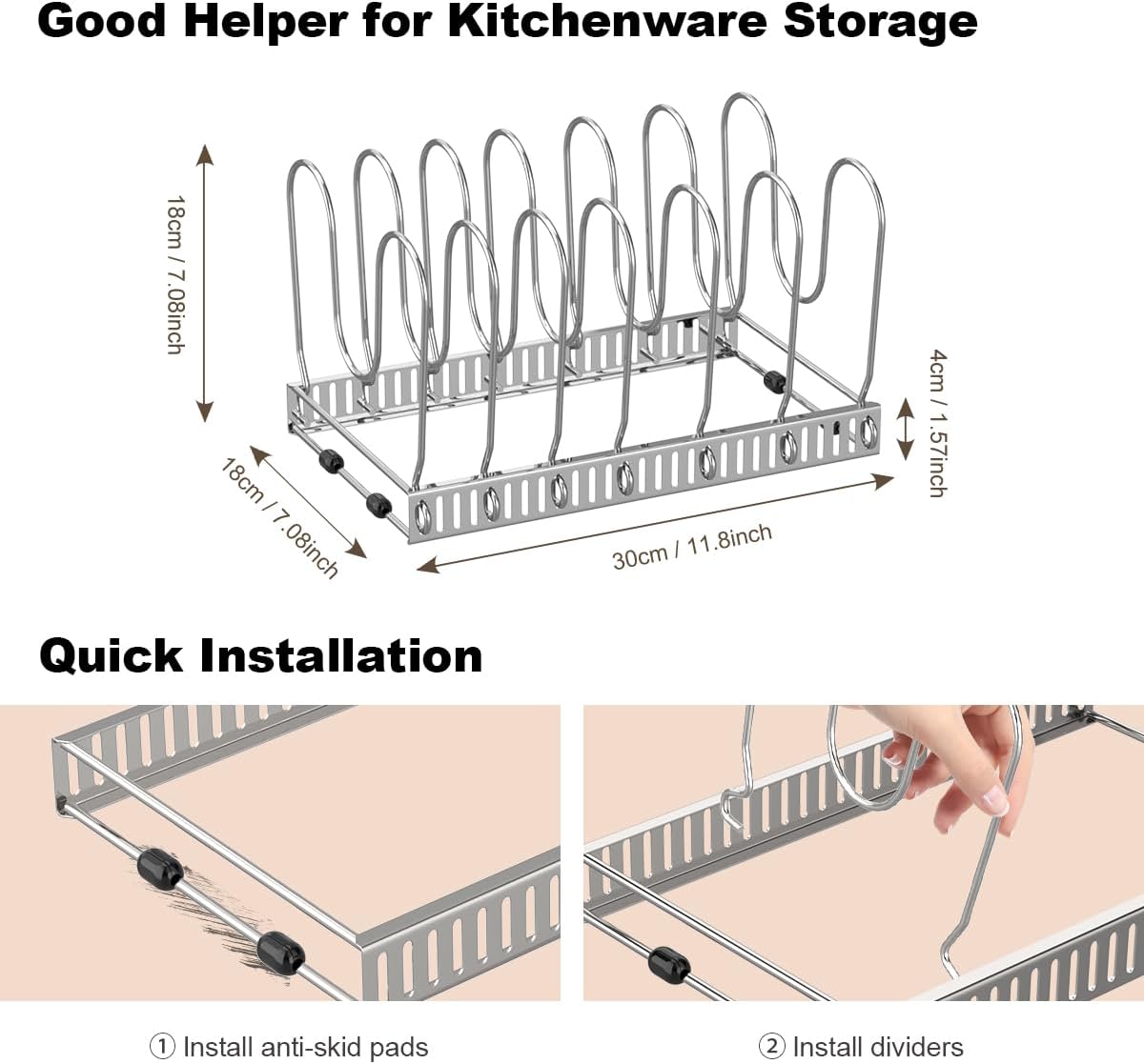 Housolution Pot and Pan Organizer Rack for Cabinet, Pot Lid Organizer with 7 Adjustable Dividers, Pan Holder Storage Rack for Kitchen Cabinet, Silver
