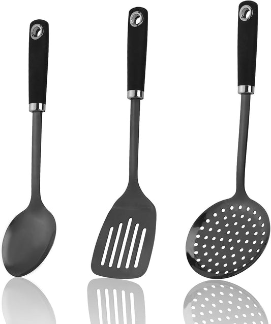 3-Piece Cooking Utensils Set Stainless Steel Large Serving Spoons Set Slotted Spoon Spatula Turner Skimmer Commercial and Residential Use Dishwasher Safe, Black