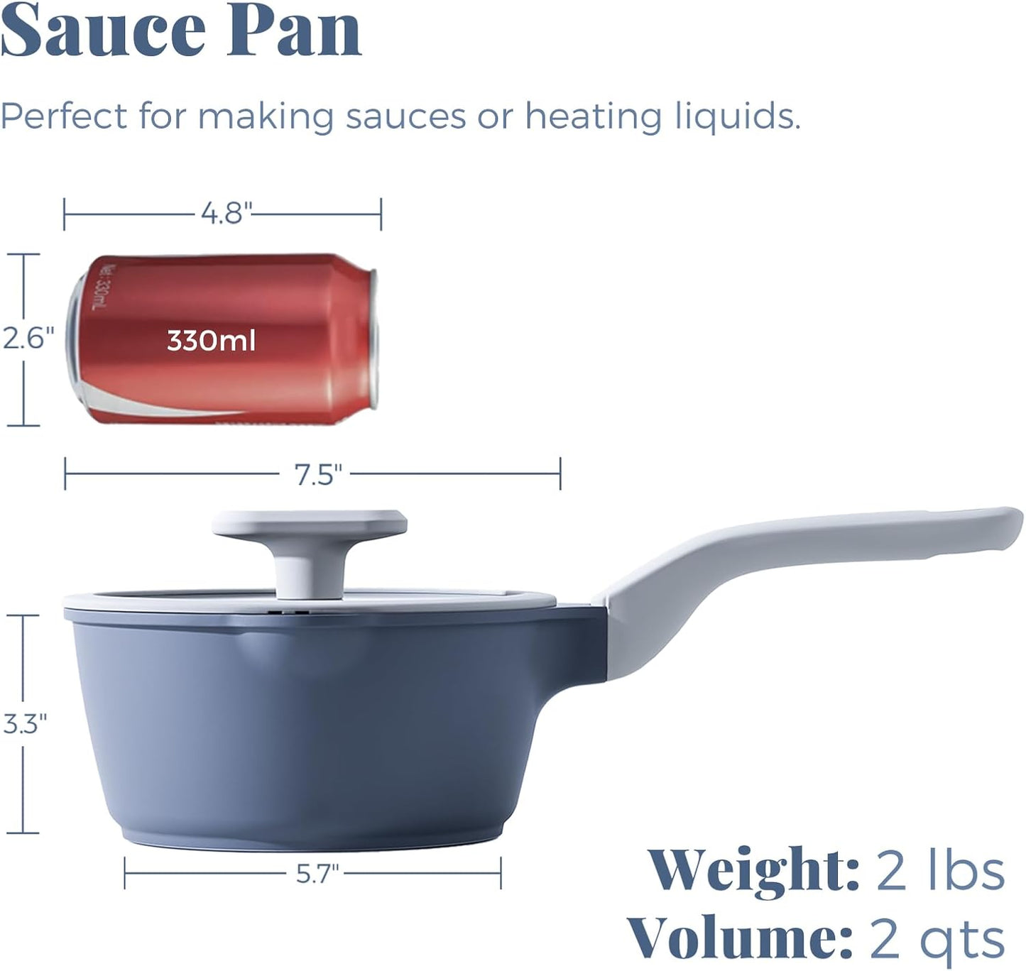 PRICUSIS Nonstick Saucepan with Lid, 2 Quart Ceramic Sauce Pan, Non Toxic Sauce Pot with Pour Spouts for Multipurpose Use, PTFE, PFOA & PFAS Free, Induction Compatible.