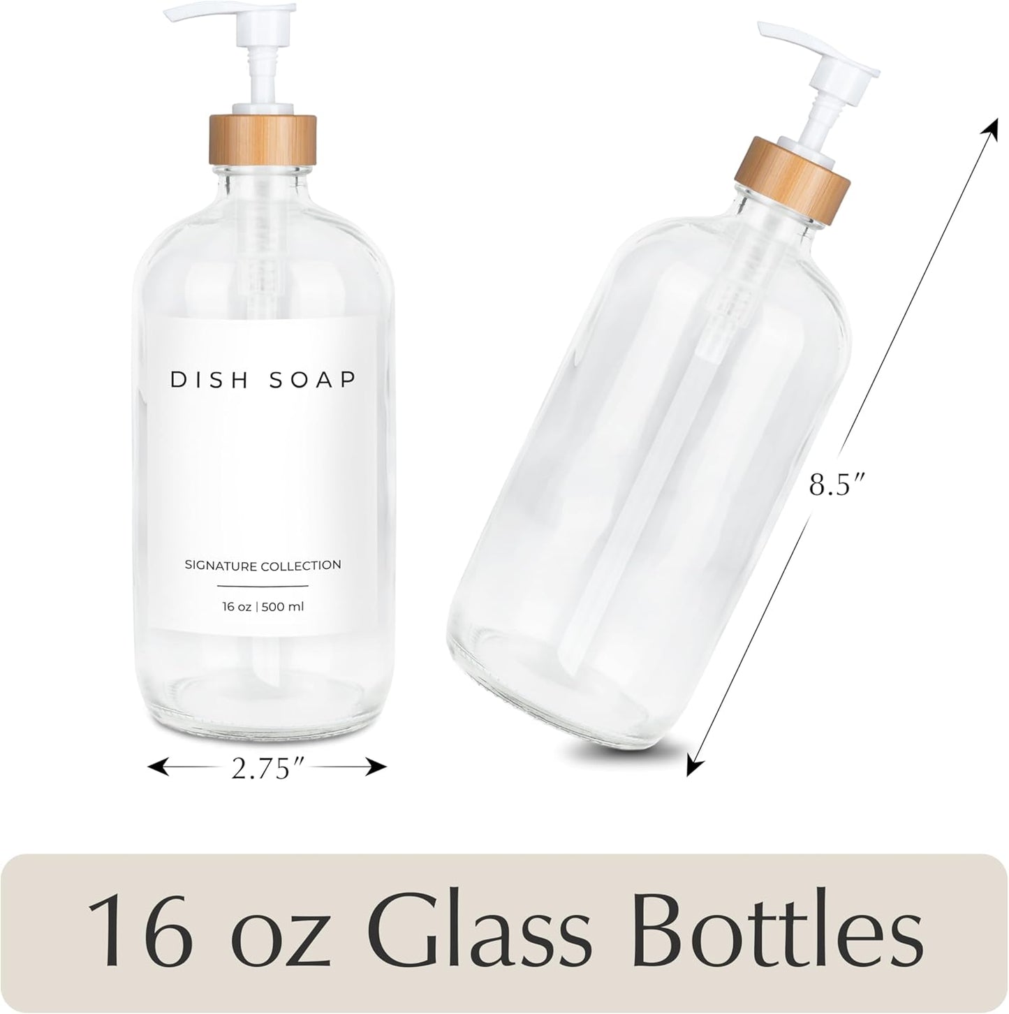 Emerson Glass Soap Dispenser Set - 16 Oz, 2 Pack with Pump and Labels for Kitchen and Bathroom