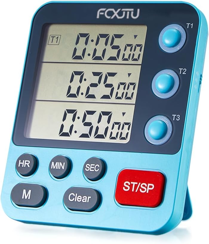 FCXJTU Digital Dual Triple Kitchen Timer, 3 Channels Magnetic Countdown Stopwatch Timer for Cooking, Loud Volume Large Display Multi Food Classroom Timer for Seniors & Teachers Battery Included (Blue)
