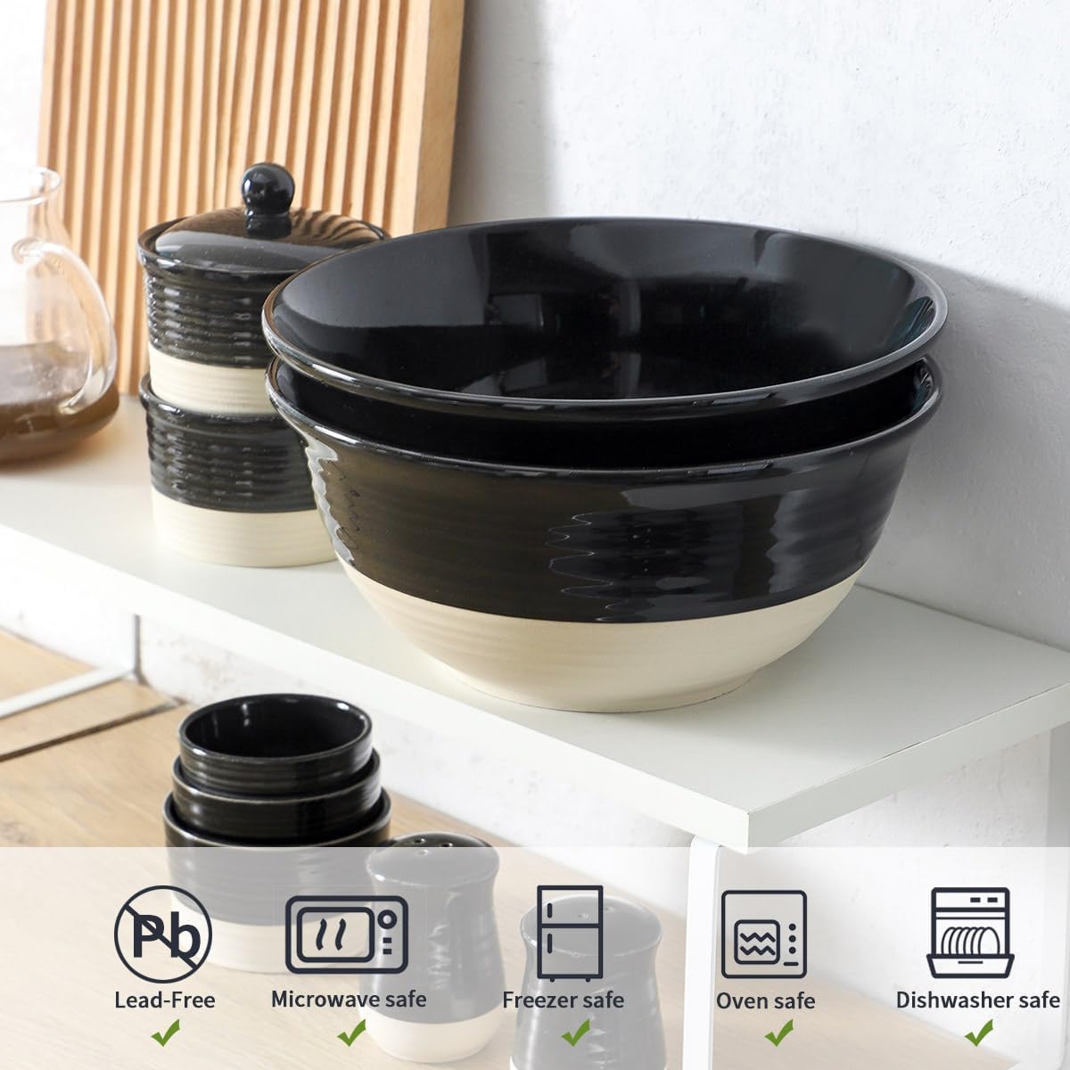 Hasense Ceramic Serving Bowls Set of 2, 9 Inch Large Salad Bowls for Kitchen, 84 Ounce Mixing Bowl Set for Cooking, Baking, Side Dishes, Soup, Popcorn, Dishwasher and Microwave Safe, Black