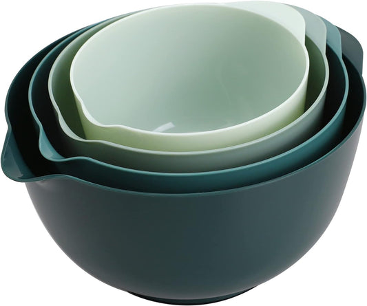 BoxedHome Green Ombre Nesting Plastic Mixing Bowl Set With Pour Spout, Microwave and Dishwasher Safe, BPA free Non-Slip Base, Set of 4 Size 1.7, 2.5, 3.5 and 4.5qt, Great for Prepping, Baking, Cooking