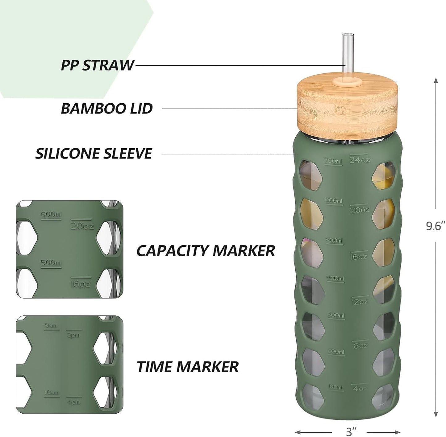 MUKOKO Glass Water Bottles, 24oz Glass Tumbler with Straw, Drinking Bottles with 2 Lids-Handle Spout Lid&Bamboo Straw Lid, Motivational Water Bottle with Time Marker and Silicone Sleeve, 1 Pack-Olive