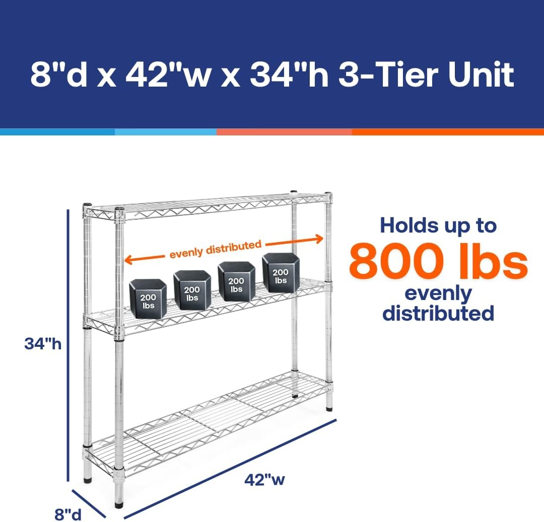 Shelving Inc. 8" d x 42" w Chrome Wire Shelving with 3 Tier Shelves, Weight Capacity 800lbs Per Shelf
