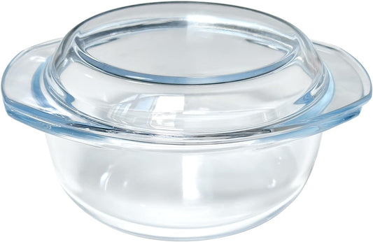 Small 1-QT Round Tempered Glass Casserole Dish with Lid, Mini Clear Glass Casserole Bowl with Glass Lid