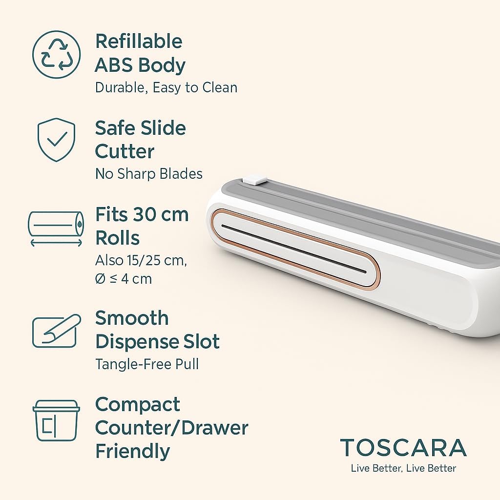 Food Plastic Wrap Dispenser – Refillable ABS Plastic Wrap Dispenser with Safe Slide Cutter – Compact Cling Film, Foil & Baking Paper Easy-Cut Organizer for Fresh Food Storage- Fit 30cm roll