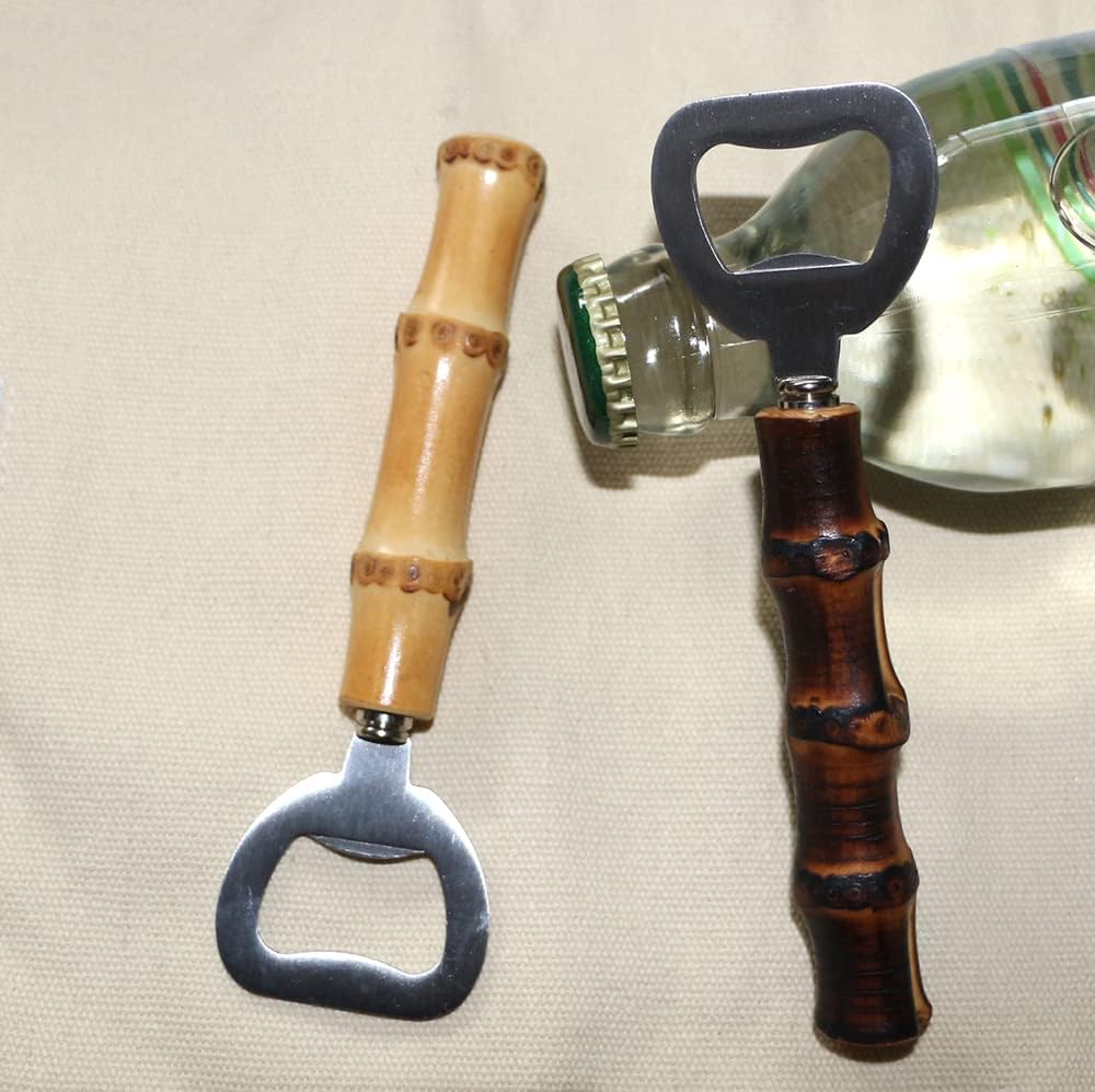 2PCS Stainless Steeel Beer Bottle Openers,Bamboo Handle Cap Bottle Openers（yellow and black）