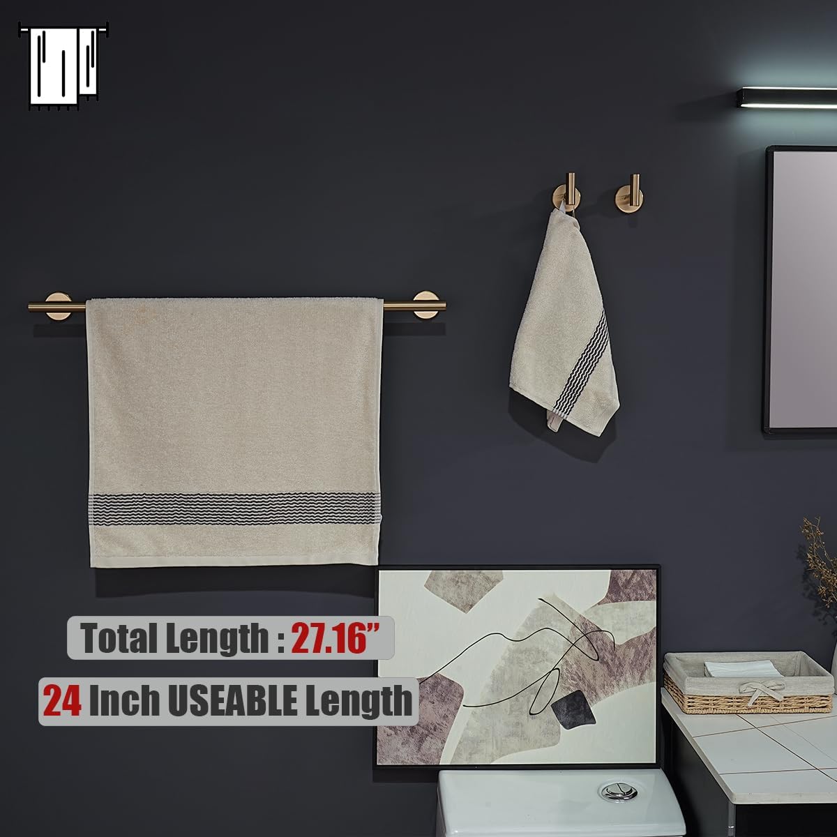JQK Champagne Bronze Towel Bar, 27 Inch 304 Stainless Steel Thicken 0.8mm Towel Rack Bathroom, Towel Holder Wall Mount, Useable Length 24 Inch, TB110L24-CB