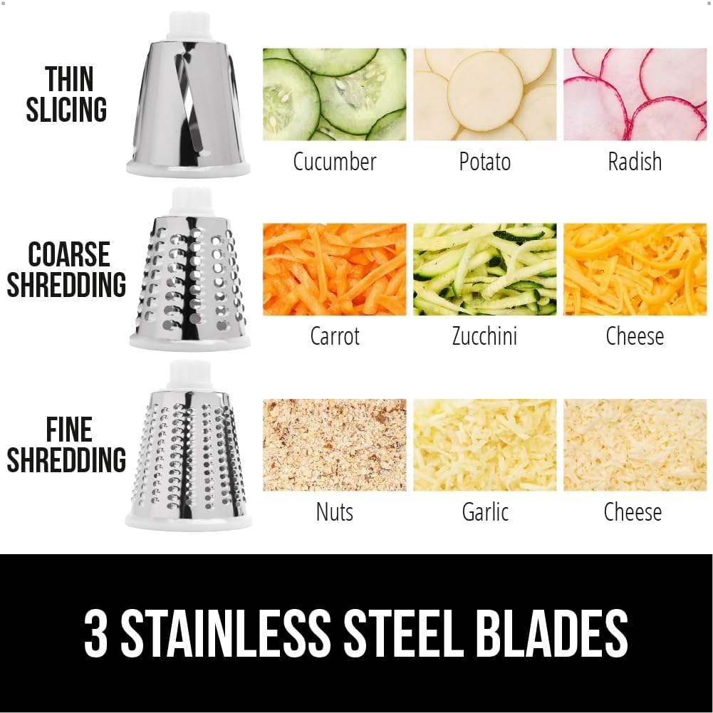 GORILLA GRIP BPA-Free Rotary Cheese Grater Hand Crank, Easy to Set Up, Strong Suction Base for Kitchen Countertop, Shred Potato, Vegetable, Nuts in Seconds, Round Mandoline Slicer, 3 Blades, Black