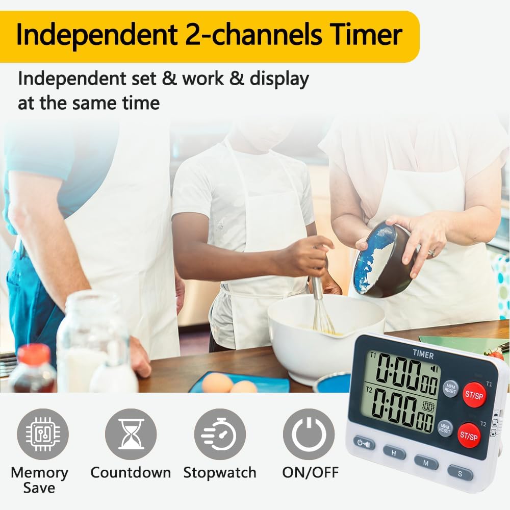 Digital Dual Kitchen Timer, 2 Groups Cycle Countdown Timer, ON/Off Memory Function, Loud Volume Flashing Light Alarm with Magnetic Back, Stand, Battery Included
