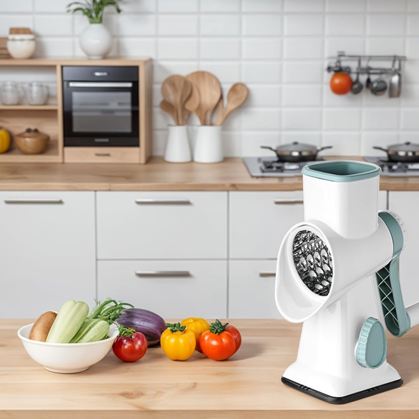 HANSGO Rotary Cheese Grater, Hand Crank Cheese Shredder, Vegetable Slicer for Kitchen, Non-slip Suction Base and 3 Interchangeable Blades for Potatoes Zucchini Nuts Chocolate Fruits, WhiteBlue