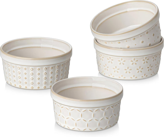 MALACASA Ramekins 4 Oz Oven Safe, Ceramic Creme Brulee Souffle Dishes, Pudding Custard Cups Ramekin For Baking, Small Dipping Sauce Bowls, Set of 4, Microwave and Dishwasher Safe, Arctic White