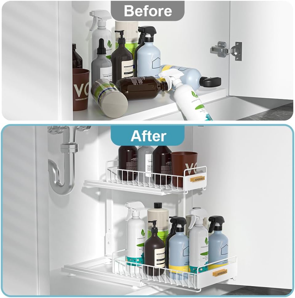 Under Sink Organizer, Pull Out Kitchen Cabinet Organizer, 2-Tier Metal Under Sink Organizers and Storage Height-Adjustable, Kitchen Bathroom Organizers and Storage Shelves, White