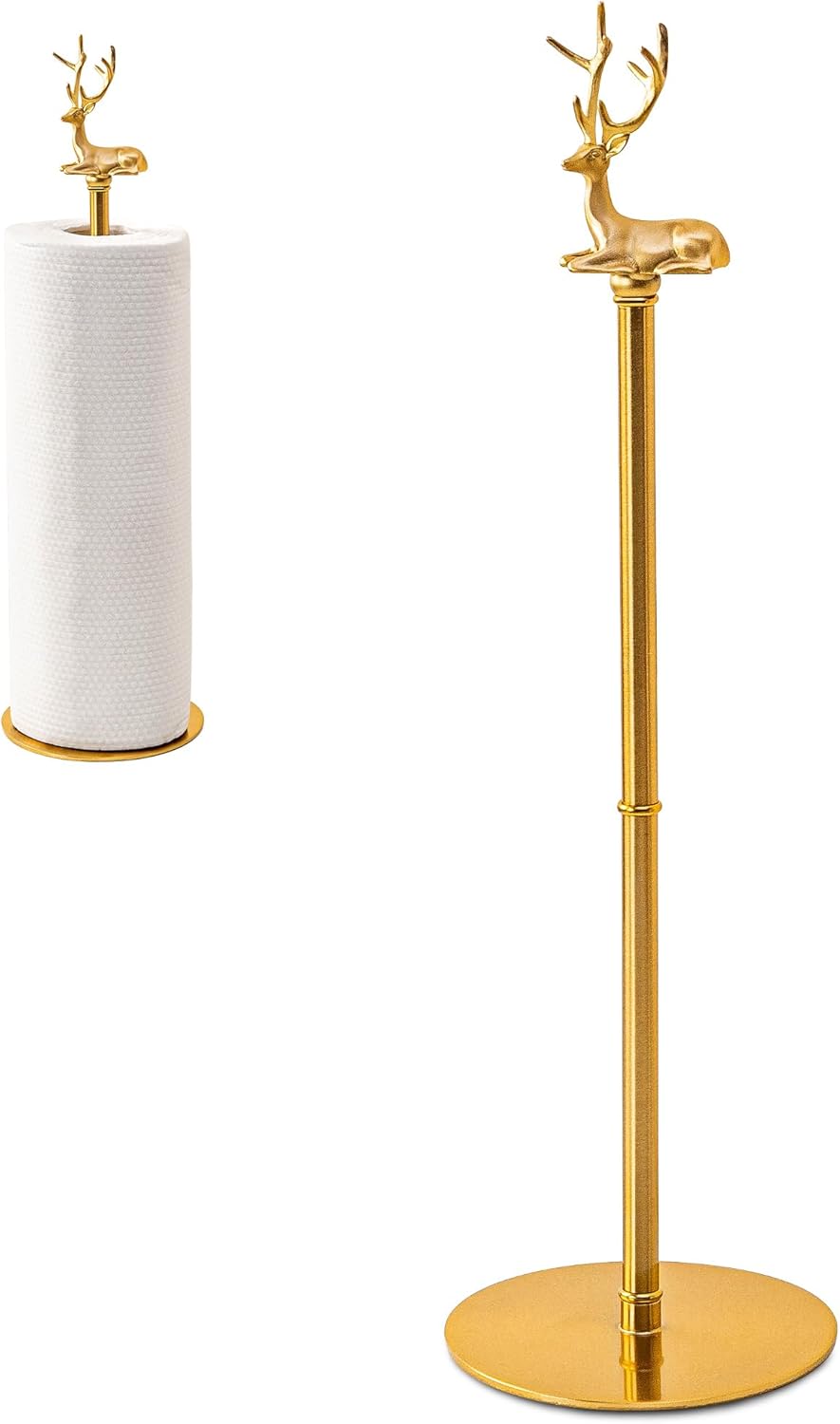 Gold Paper Towel Holder for Countertop, Vintage Brass Paper Holder for Kitchen, Bathroom, Dining Room, Non-Scratch Base & Detachable Deer