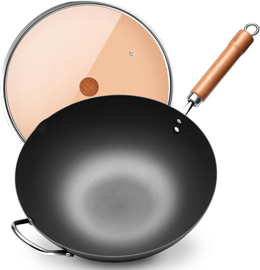 WANGYUANJI Carbon Steel Wok Pan, 13.4" Woks & Stir-Fry Pans with Glass Lid No Chemical Coated Flat Bottom Iron Wok for Induction, Electric, Gas, Halogen All Stoves