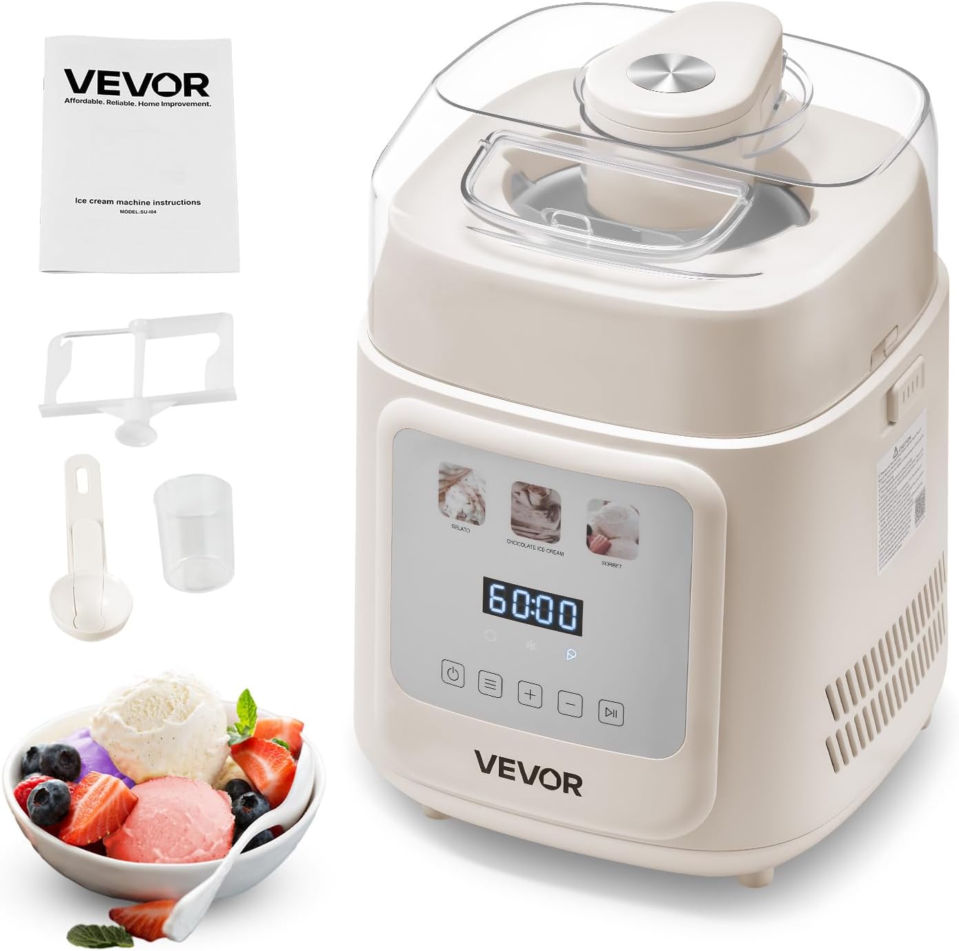 VEVOR Upright Automatic Ice Cream Maker with Built-in Compressor, 1 Quart No Pre-freezing Gelato Maker & Frozen Yogurt Machine, 4 Modes Electric Sorbet-Maker, Compressor Ice Cream Machine for Home