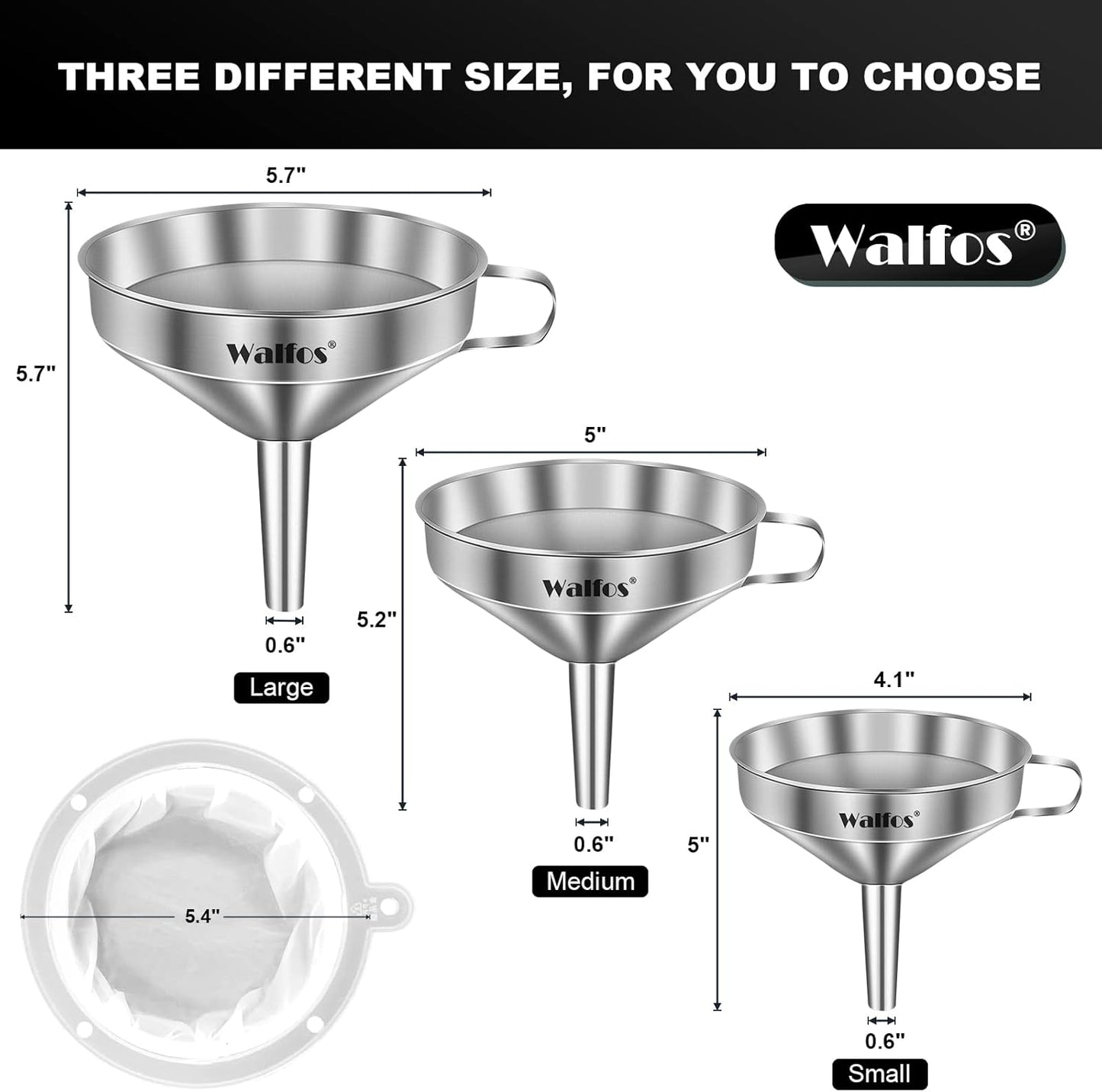 Walfos 3Pcs Kitchen Funnel with 2 Removable Strainer ＆ 1 Cleaning Brush & 1Pc 200 Mesh Food Filter Strainer, Food Grade Stainless Steel Funnel for Transferring of Liquid, Oils, Jam, Dry Ingredients