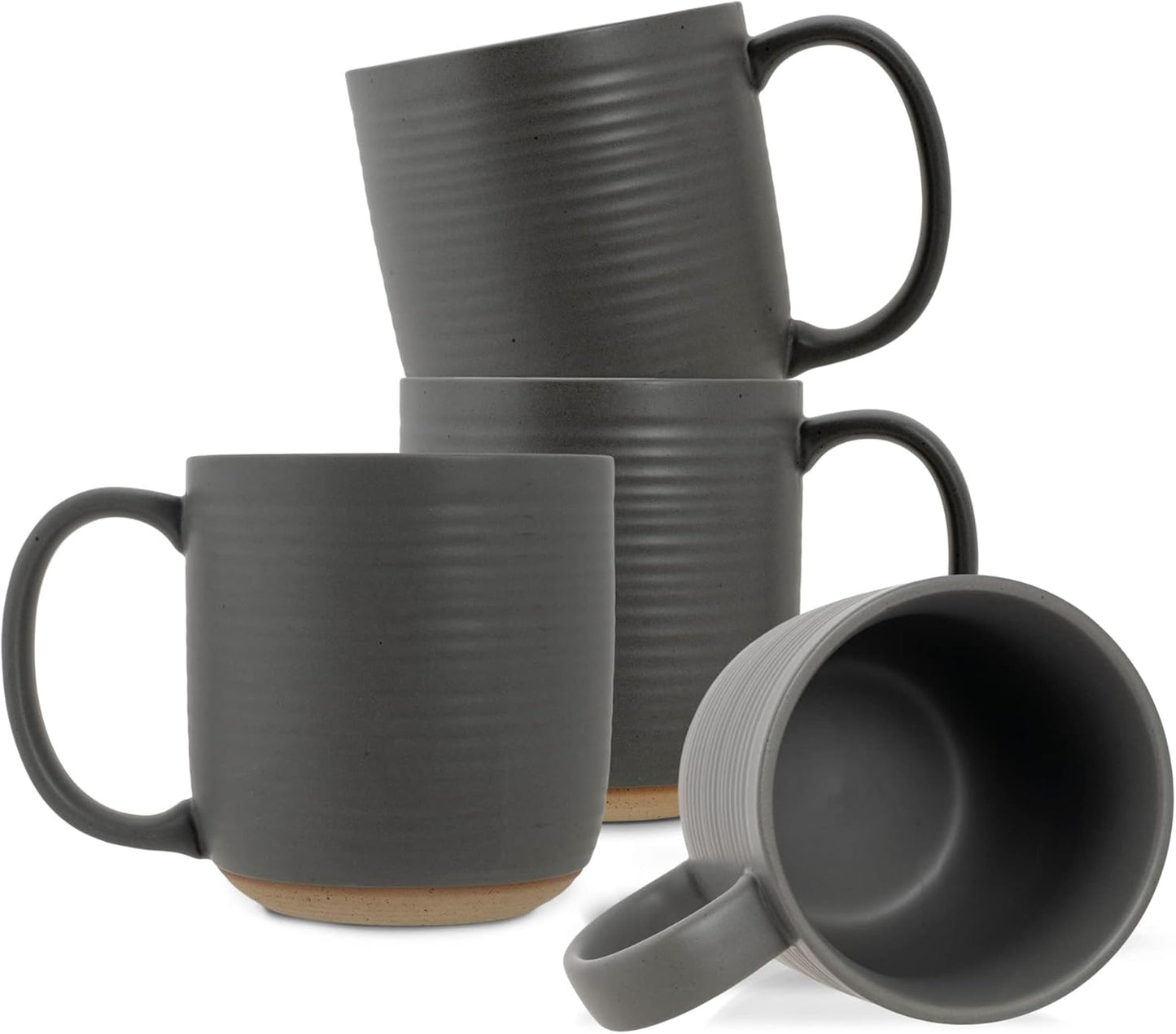 Elanze Designs Ribbed Ceramic Stoneware 16 ounce Raw Clay Bottom Coffee Mugs Set of 4, Grey