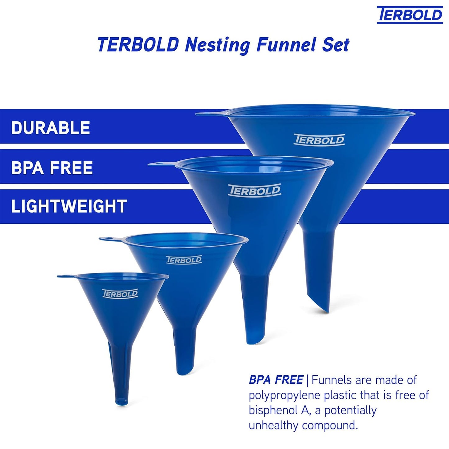 4pc Funnel Nesting Set in BPA Free Plastic for Kitchen Cooking, Car Oil, Home, or Lab Use (Blue)