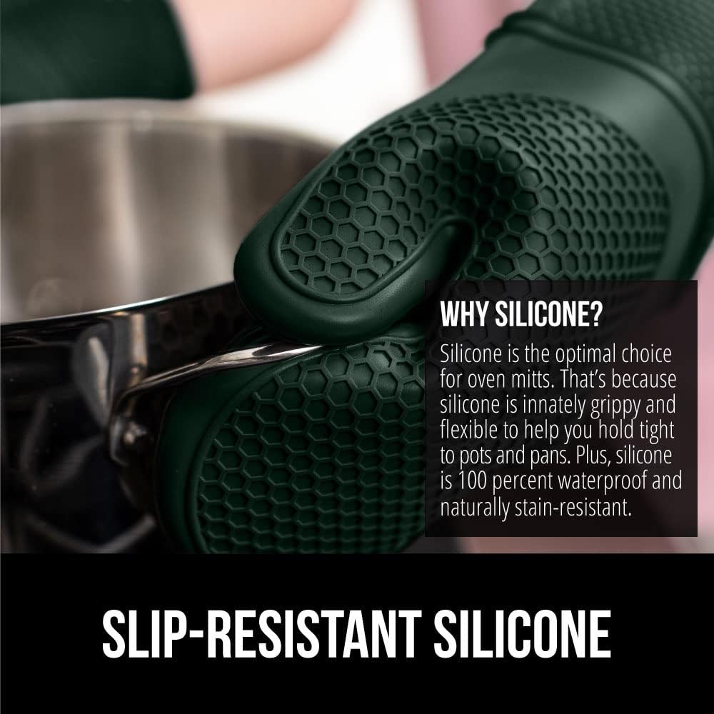 GORILLA GRIP BPA-Free Soft Silicone Oven Mitts, 14.5x8.3, Heat Resistant and Waterproof Cooking Gloves, Thick Cotton Lining, Flexible Gripping for Baking Grilling, Kitchen Potholders Set, Hunter Green