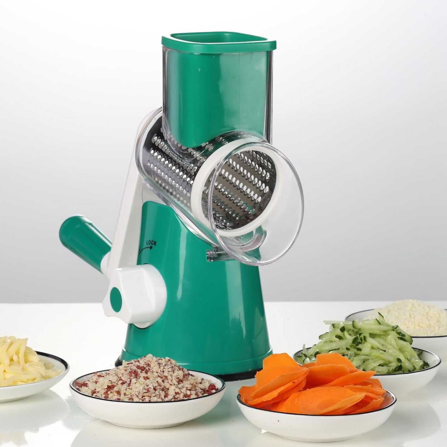 Cambom Rotary Cheese Grater Hand Crank Cheese Shredder for Fresh Cheese, Vegetable, Nuts,Non-slip Suction Base, Free Cleaning Brush Three Blades, Deep Green
