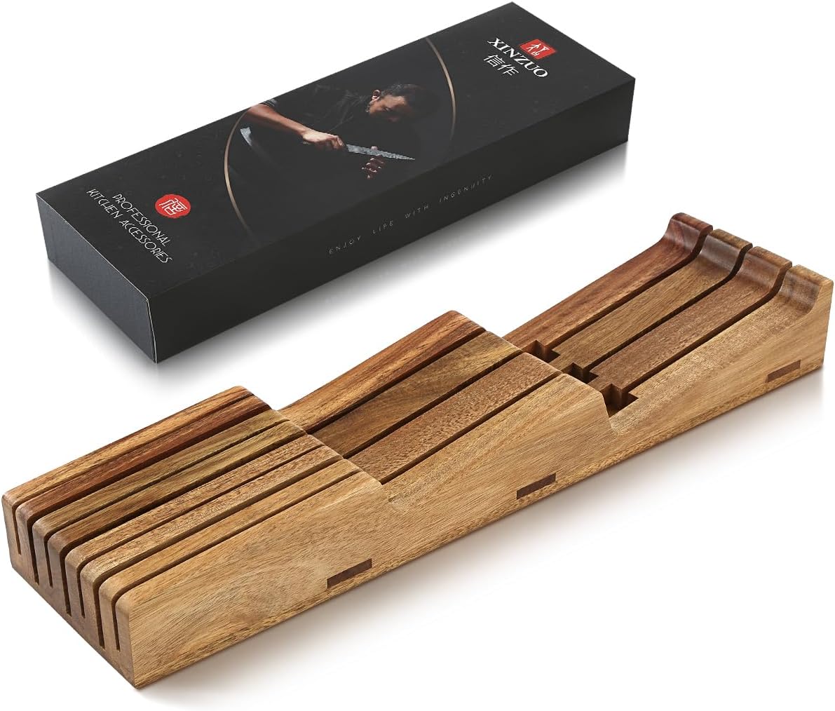 XINZUO In-drawer Knife Block, Natural Acacia Knife Drawer Oganizer, Insert-Kitchen Storage Holder, 7 Slots, Holds up to 7 Various Size Knives, Countertop Saving&Knife Protective